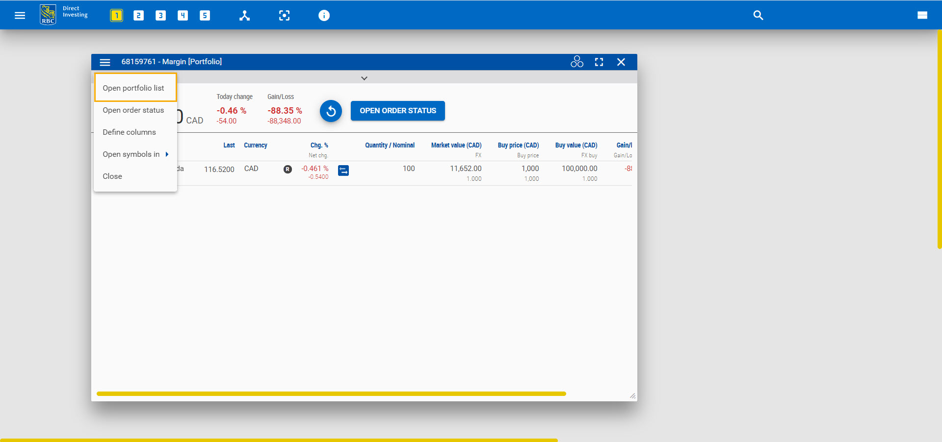 Screenshot highlighting "Open portfolio list" in the portfolio widget menu.